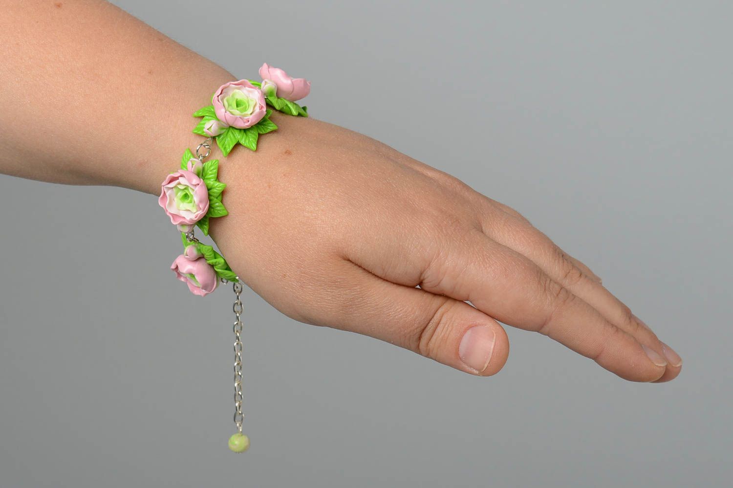 Bracelet pate polymere Bijou fait main fleurs feuilles Accessoire femme photo 6