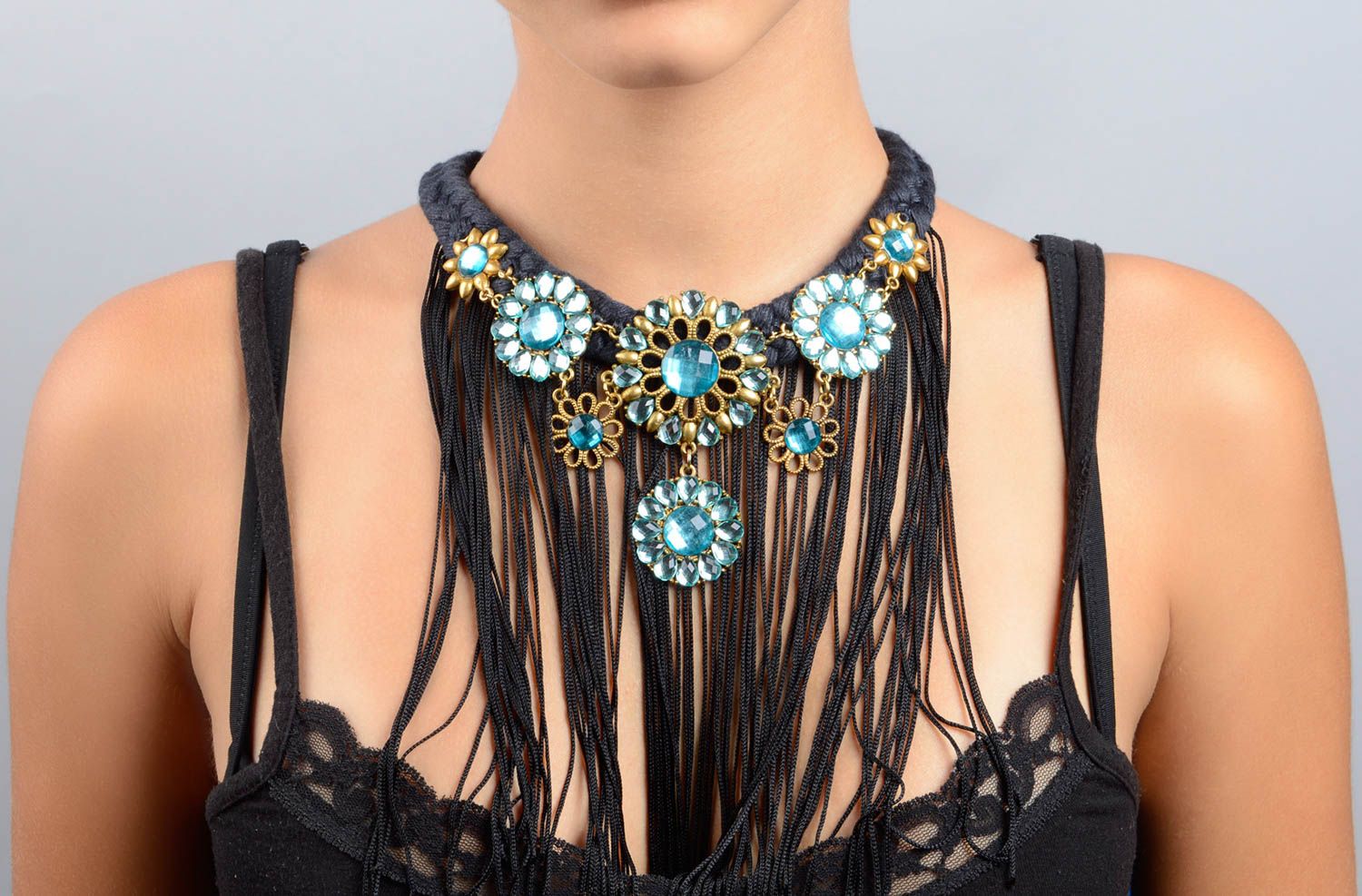 Handgemachter Schmuck Modeschmuck Collier Stoff Halskette schwarz effektvoll foto 5
