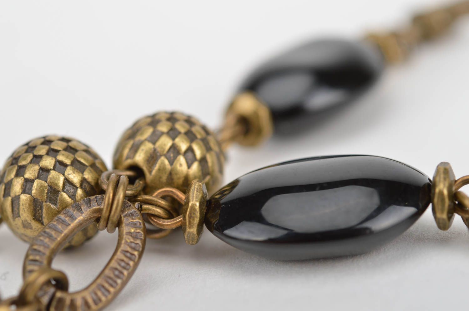 Handmade elegant long metal earrings with black beads ethnic Black Eye photo 4