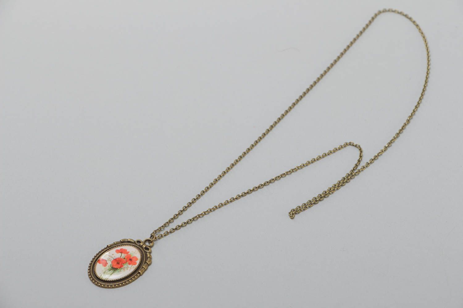 Handmade glass glaze oval pendant with metal chain for women photo 2