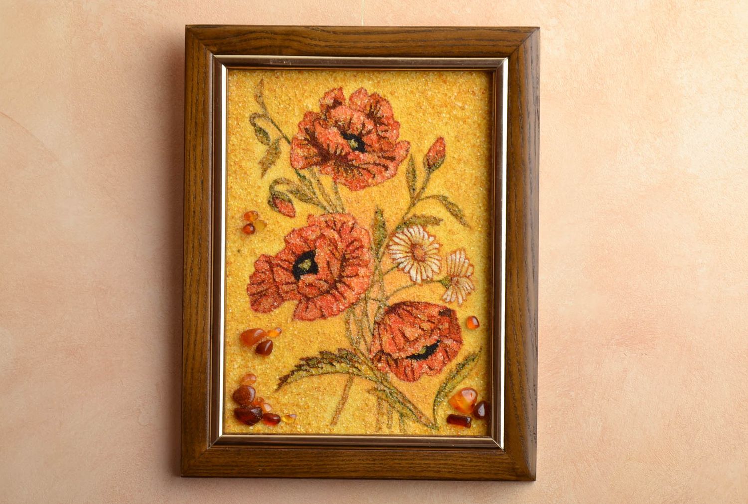 Handmade painting decorated with amber Poppies photo 1