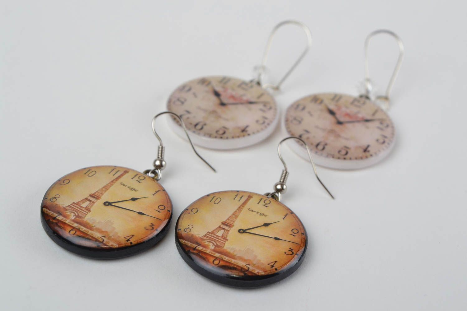 Beautiful handmade vintage round plastic earrings with decoupage 2 pairs photo 5