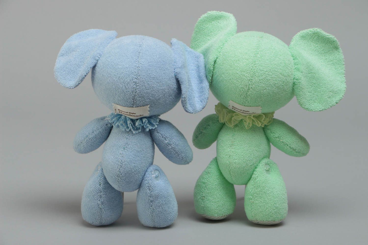 Set of 2 handmade small designer fabric soft toys elephants green and blue  photo 4