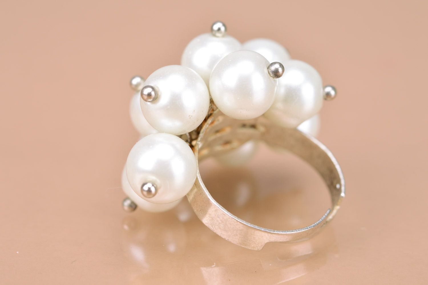 Beautiful festive handmade women's pearl-like beaded ring photo 2