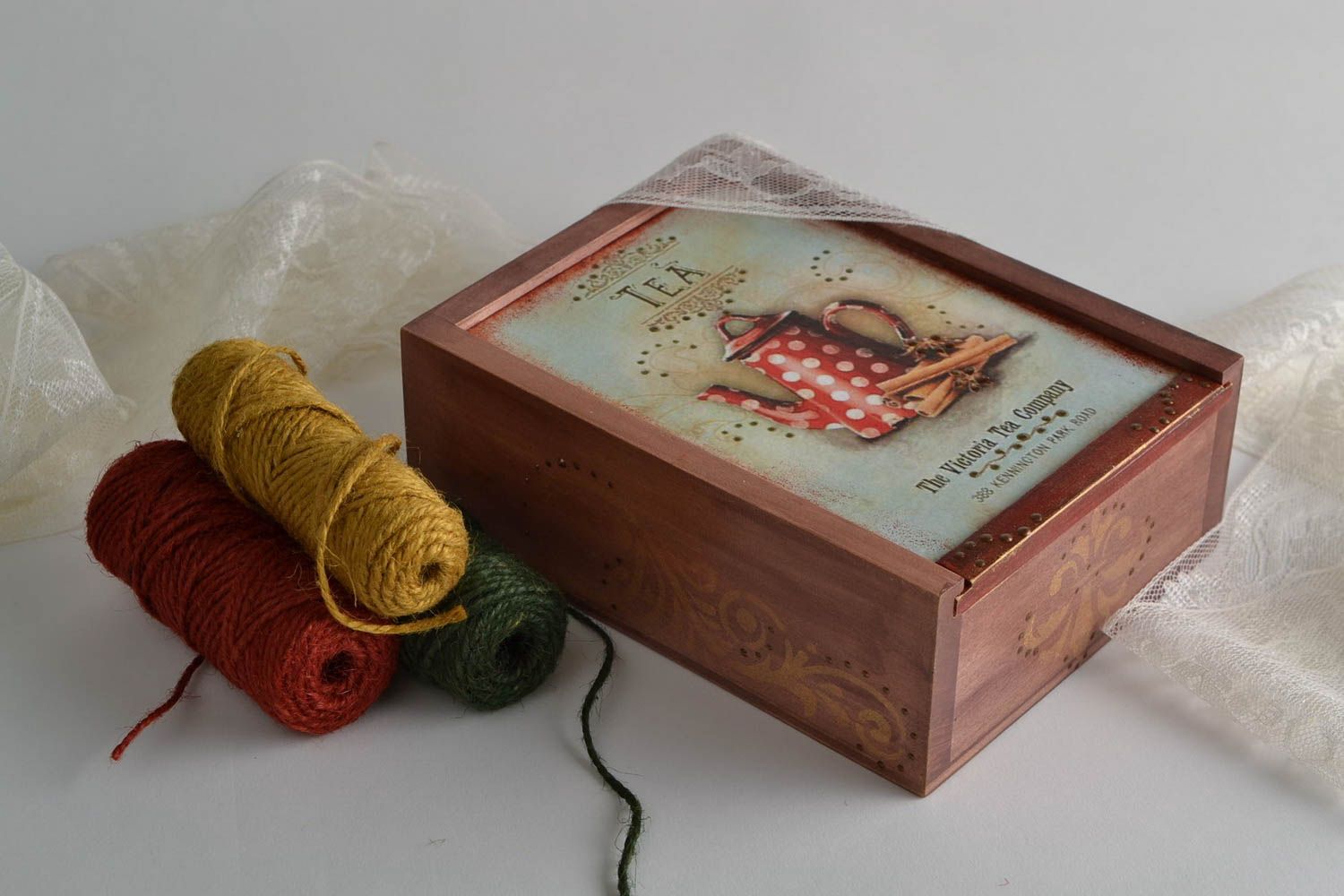 Designer handmade decorative wooden tea box with decoupage image of teapot photo 1