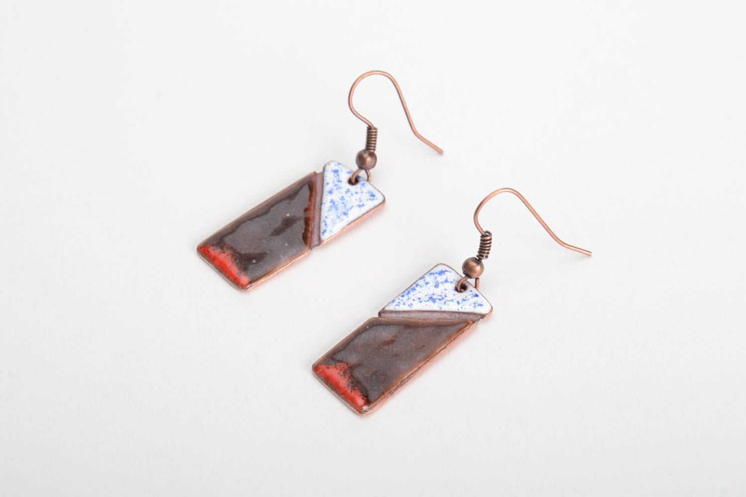 Copper handmade rectangular earrings decorated with hot enamel  photo 2