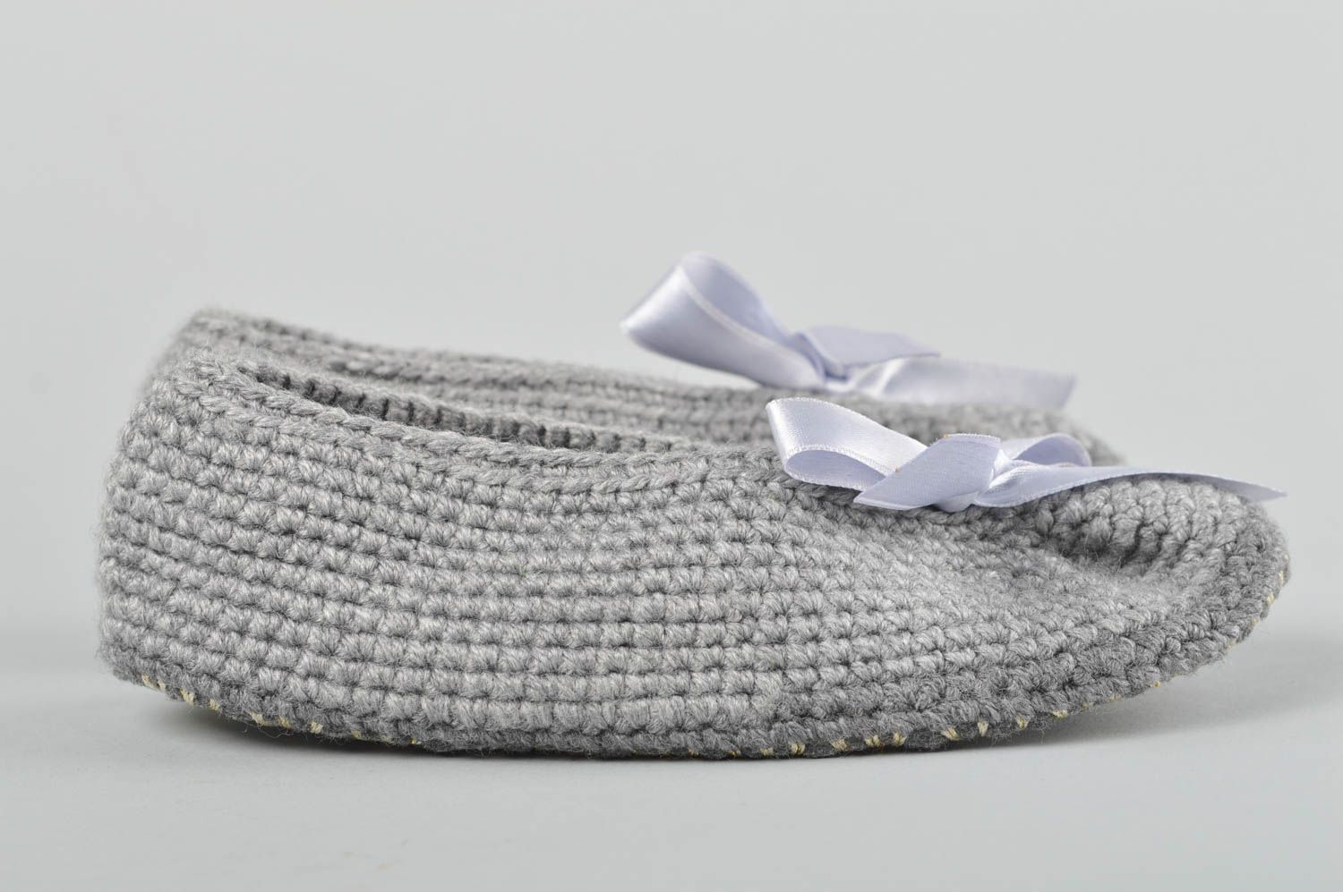 Pantoufles tricot Chaussons fait main crochet gris coton Accessoire femme photo 3
