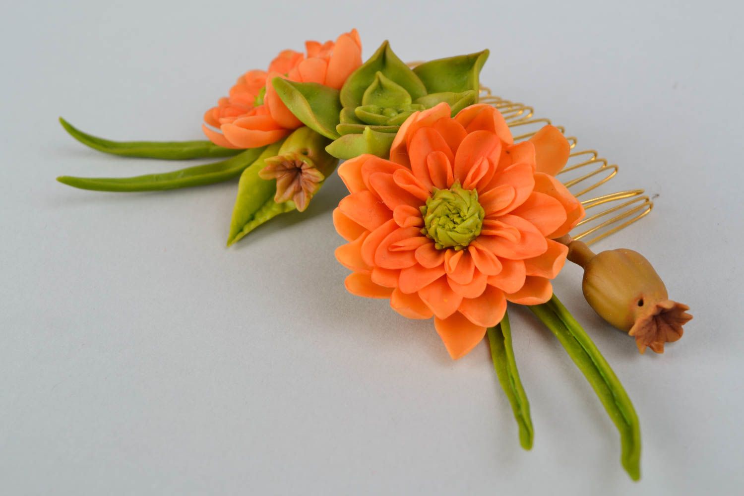 Joli peigne à cheveux fleurs en argile autodurcissante Bouquet orange fait main photo 1
