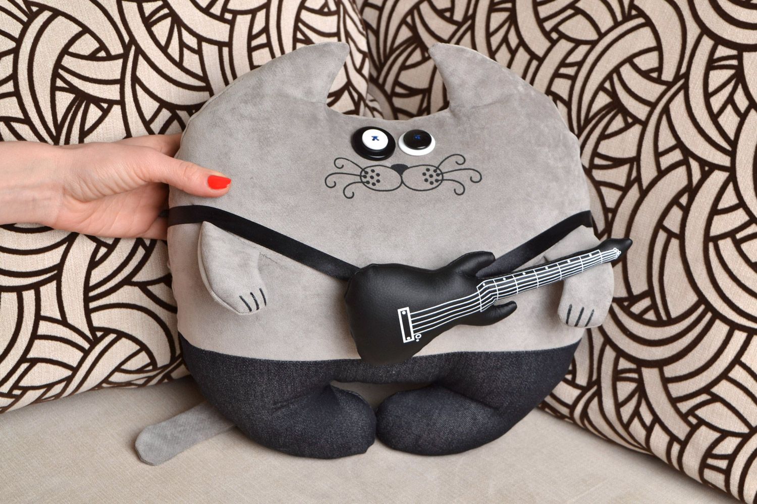 Handmade rocker cat decorative sofa cushion in grey color photo 2