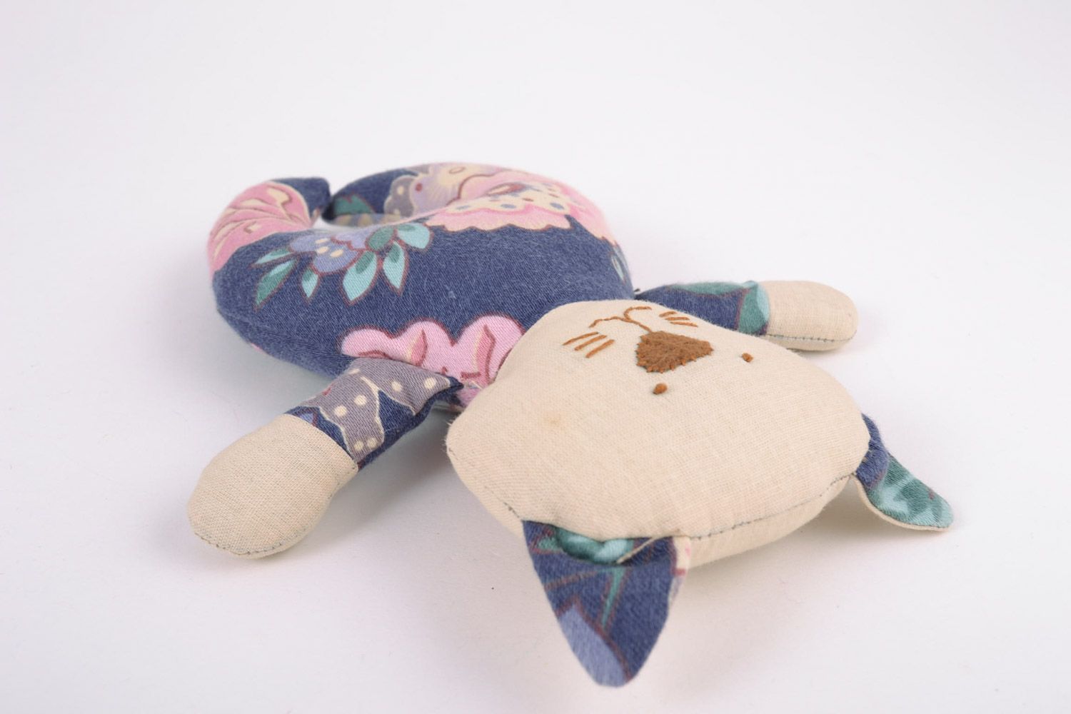 Handmade soft toy sewn of cotton fabric with floral pattern in the shape of cat photo 4