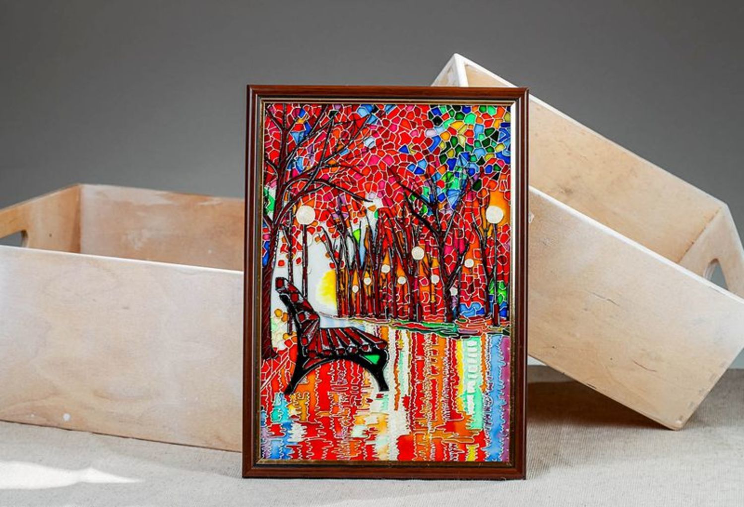 Stained glass picture in wooden frame Autumn park photo 1