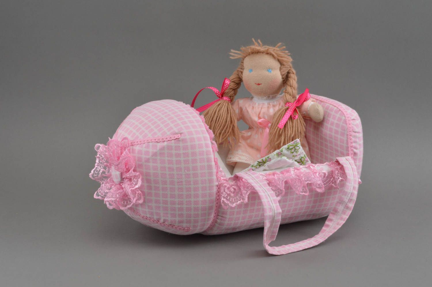 Handmade fabric toy doll in cradle stuffed toy in cradle nursery decor ideas photo 4