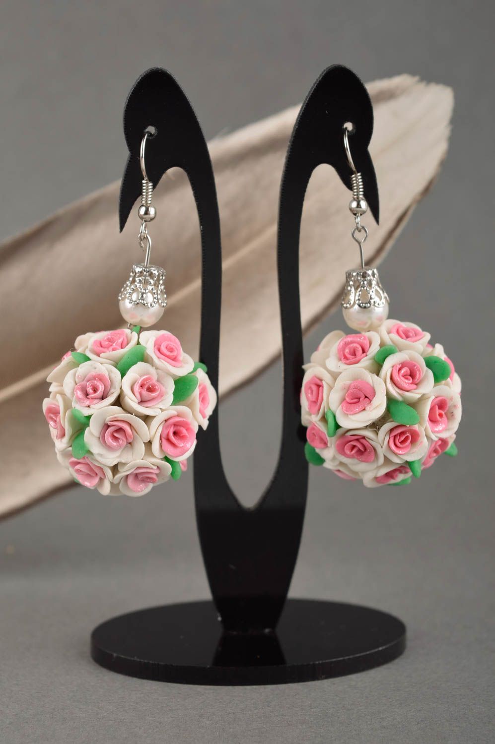 Unusual handmade dangle earrings flower earrings cold porcelain ideas gift ideas photo 1