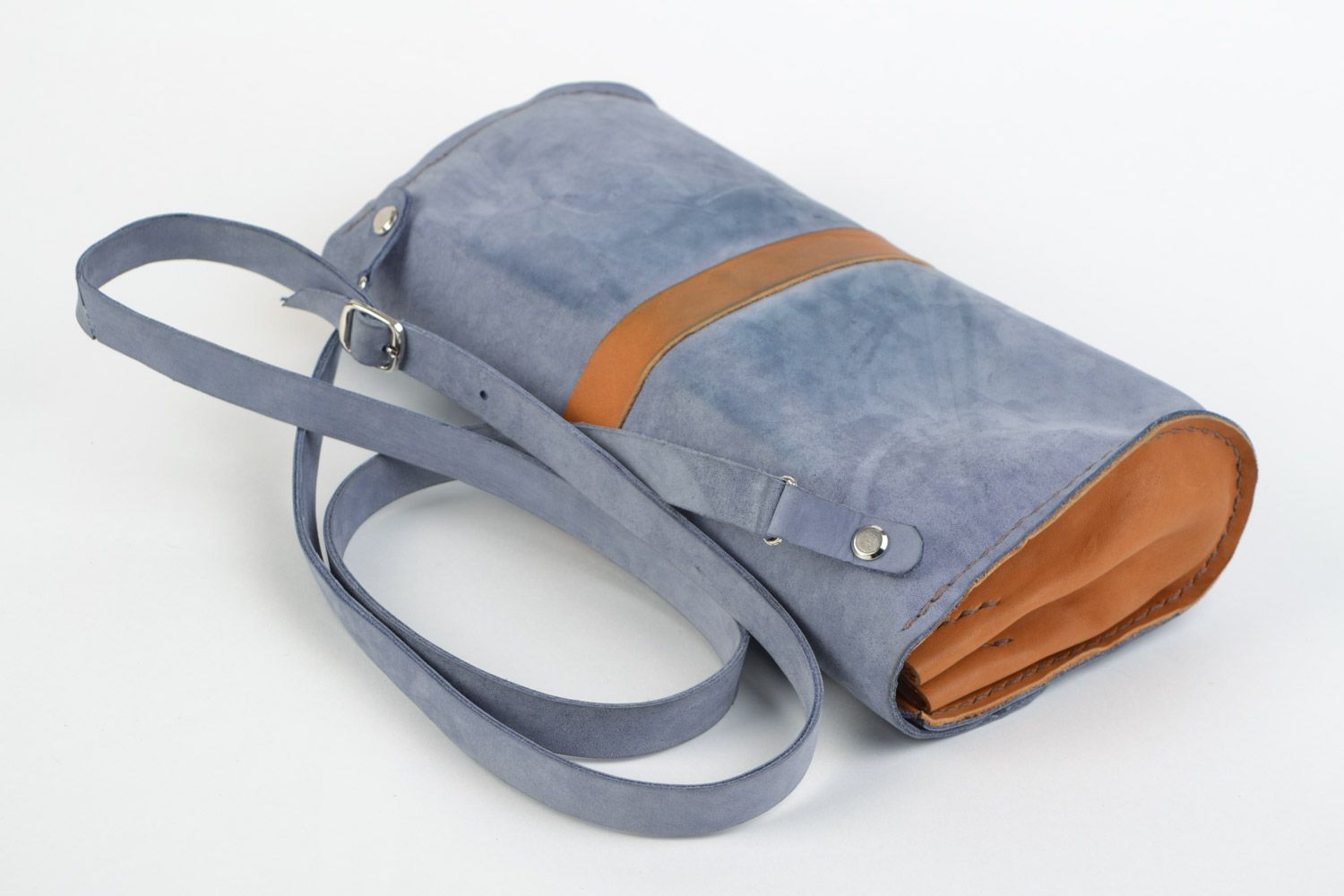 Handmade two-colored genuine leather clutch bag styled on denim for women photo 4