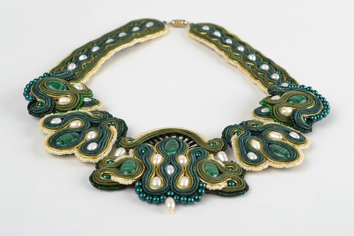 Handmade designer massive soutache necklace with natural stones and pearls photo 4