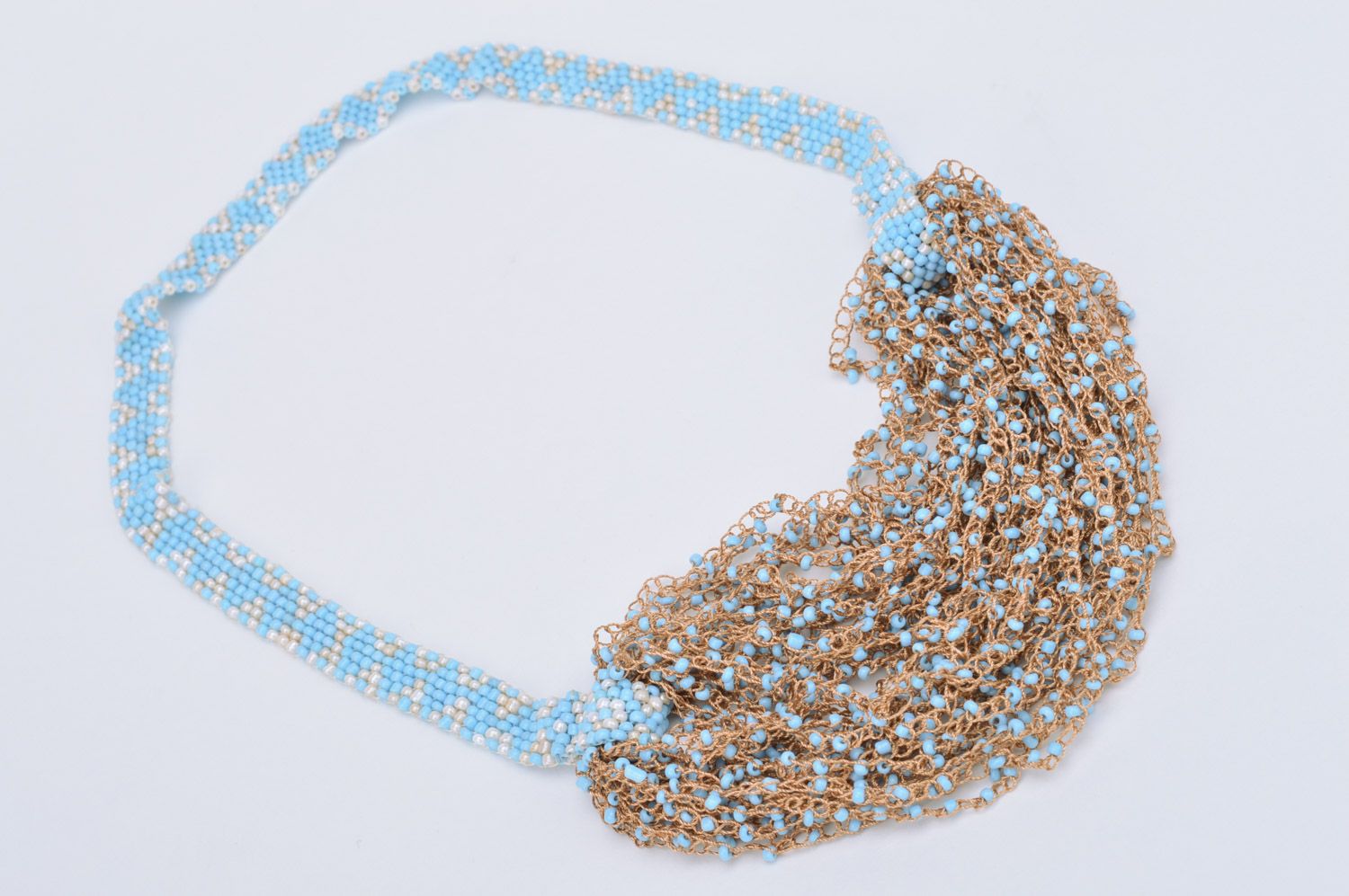 Handmade airy volume necklace woven of blue and brown beads and fishing line photo 2