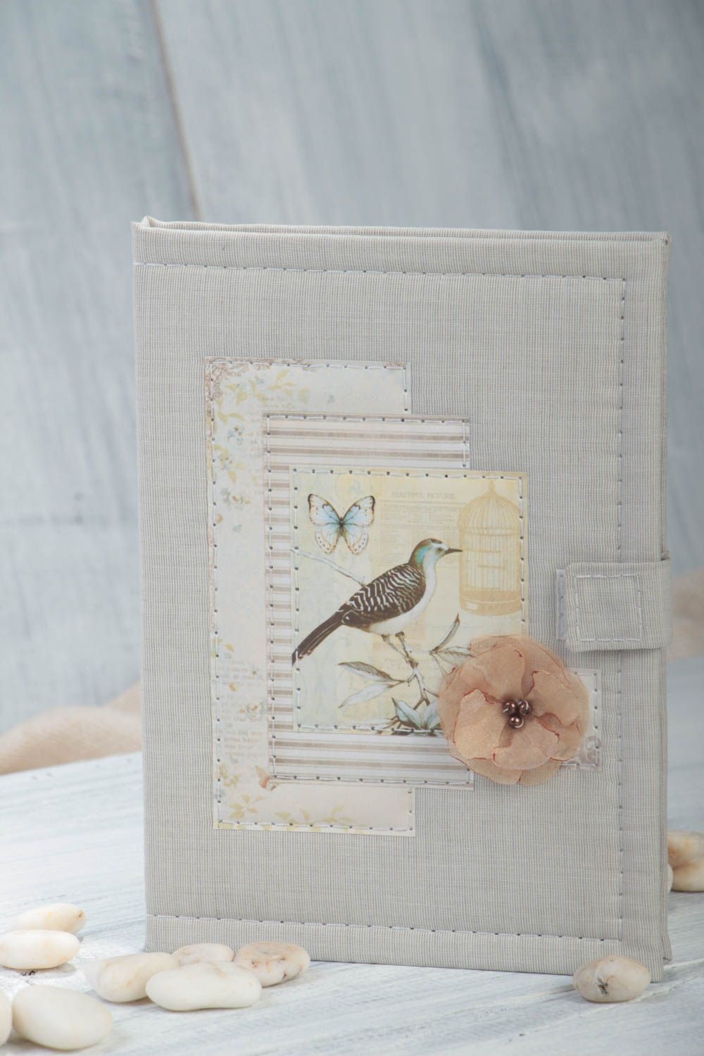 Scapbooking Notizblock mit Stoff Hülle mit Druckknopf Vogel Muster handmade foto 1