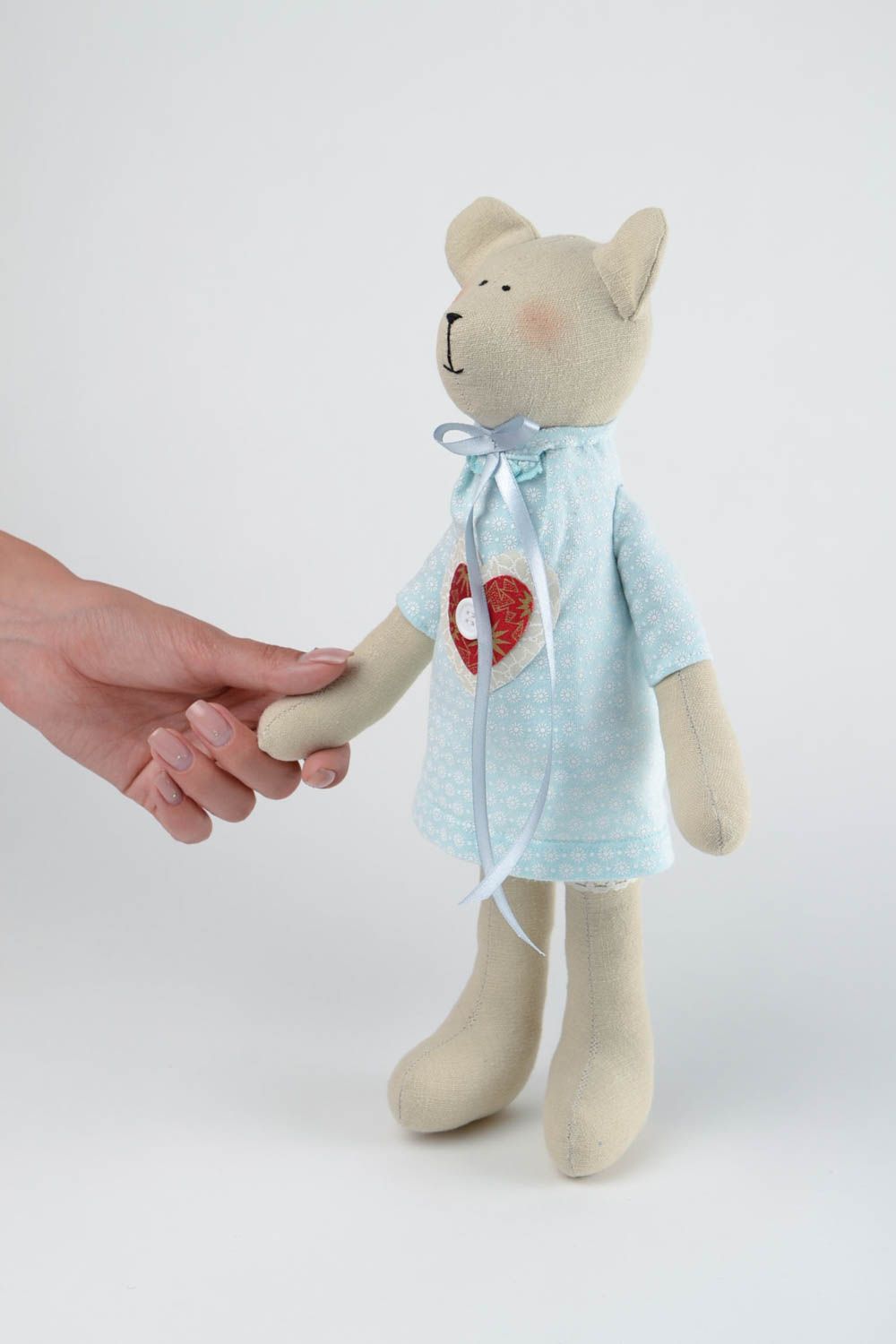 Peluche ours Jouet enfant fait main lin coton blanc en robe Cadeau original photo 2