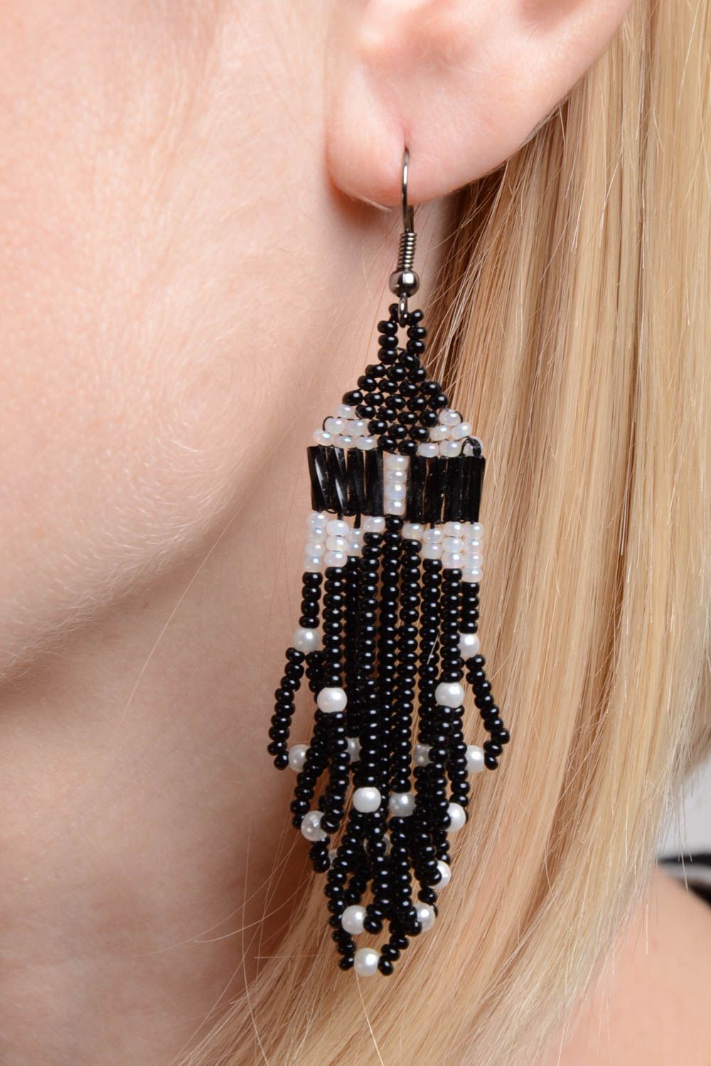 Handmade beaded earrings black and white accessory designer earrings with charms photo 2