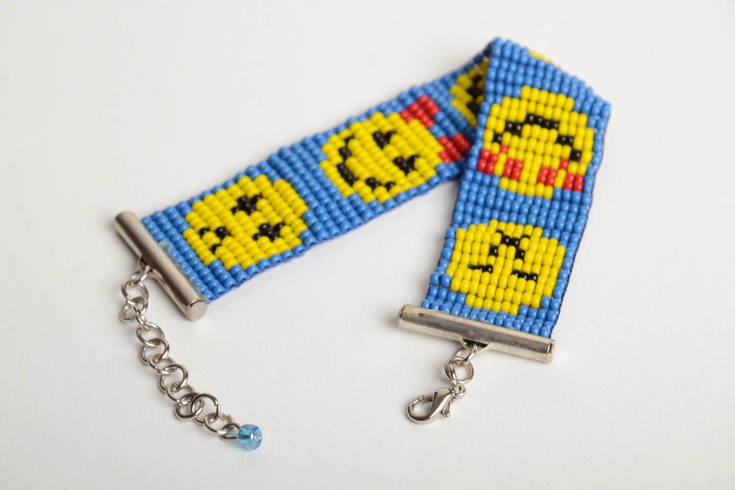 Funny colorful yellow and blue beads woven wrist chain kid's bracelet with a smiley pattern photo 4