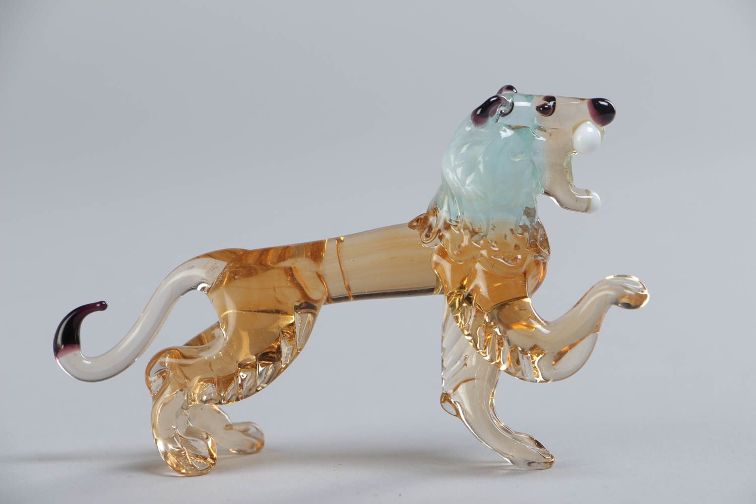 Handmade designer collectible lampwork glass miniature animal figurine of lion photo 2