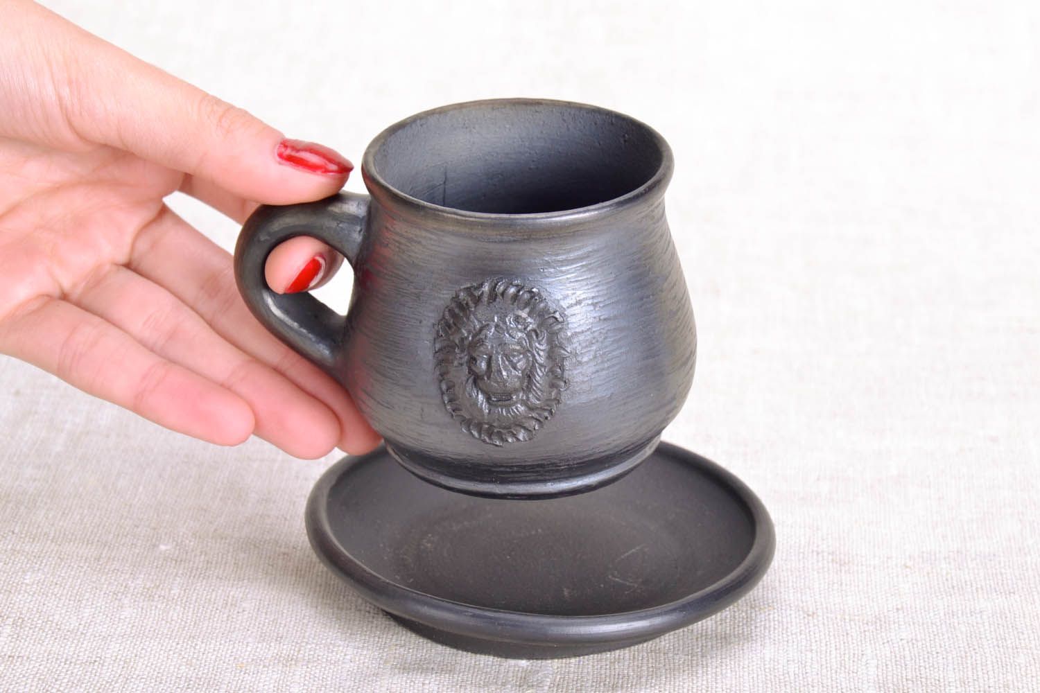 Black smoked 3 oz coffee cup with handle and molded lion photo 5