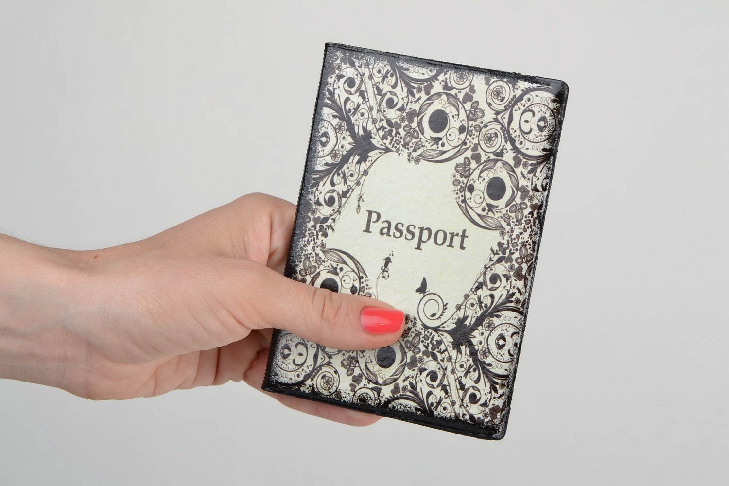Handmade decoupage passport cover on faux leather basis with graphic ornament  photo 2