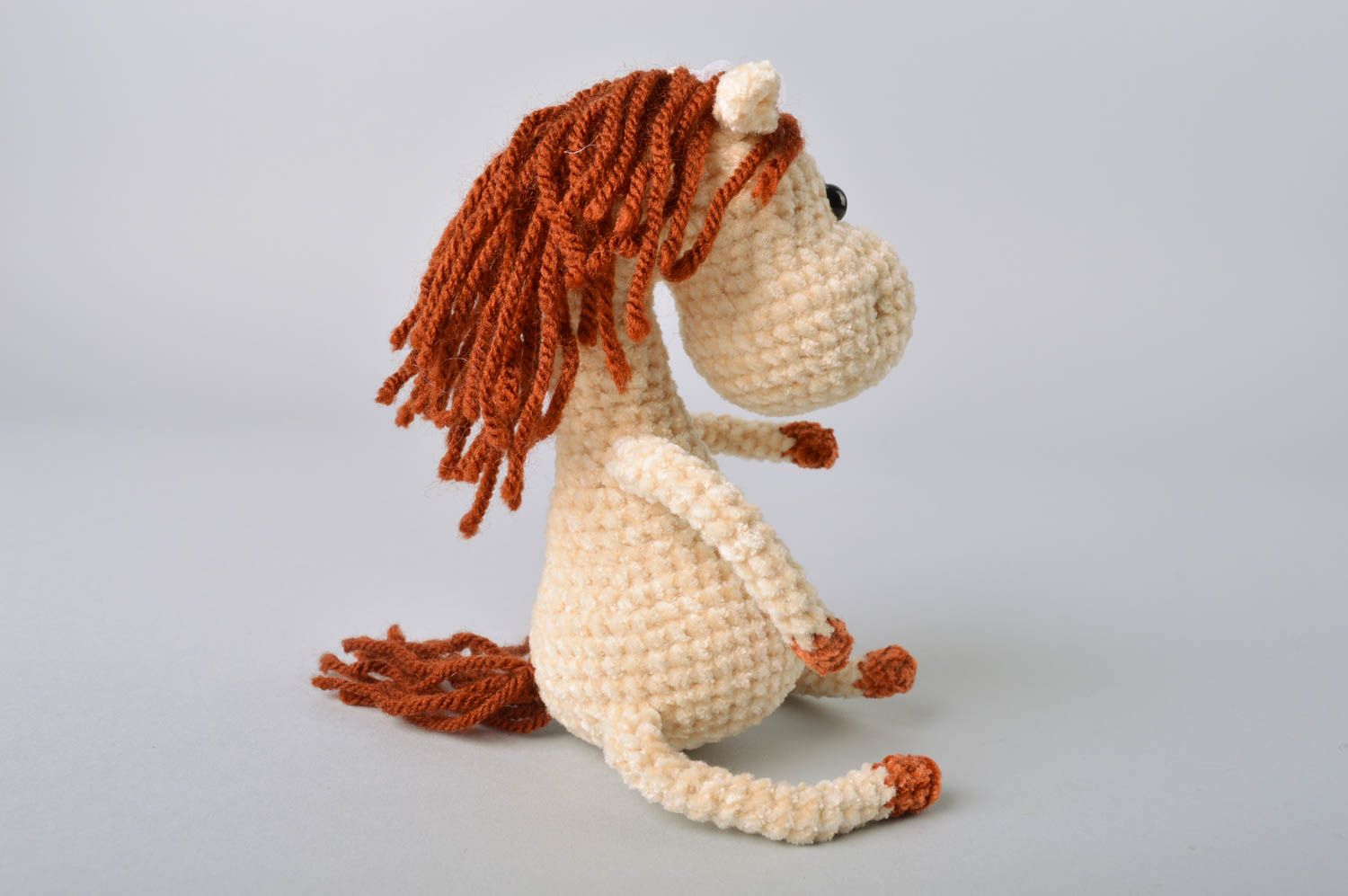 Handmade small soft toy crocheted of velour threads cute horse with brown mane photo 3