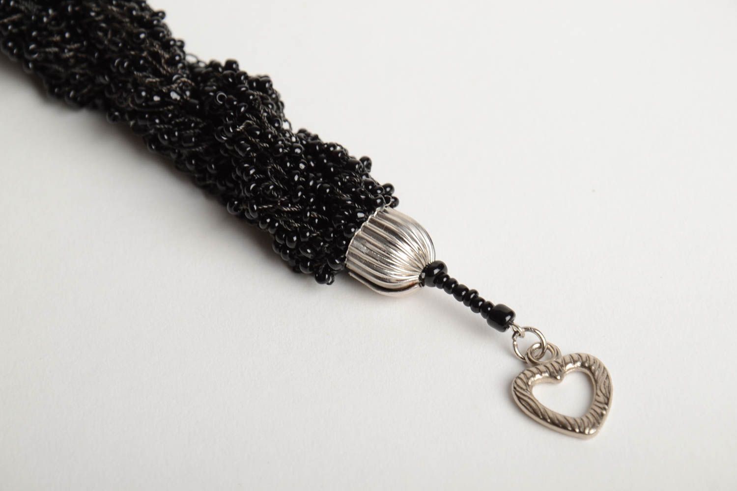Handmade festive evening bead woven women's wrist bracelet of black color photo 5