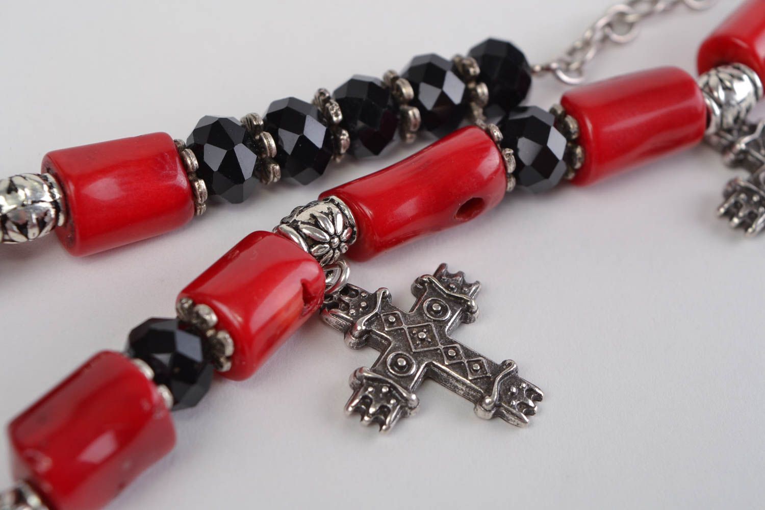 Handmade natural coral bead necklace with metal cross charms and Czech glass photo 5