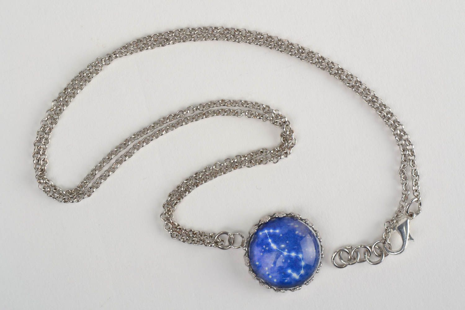 Blue handmade glass pendant on metal chain with Scorpio zodiac sign photo 3