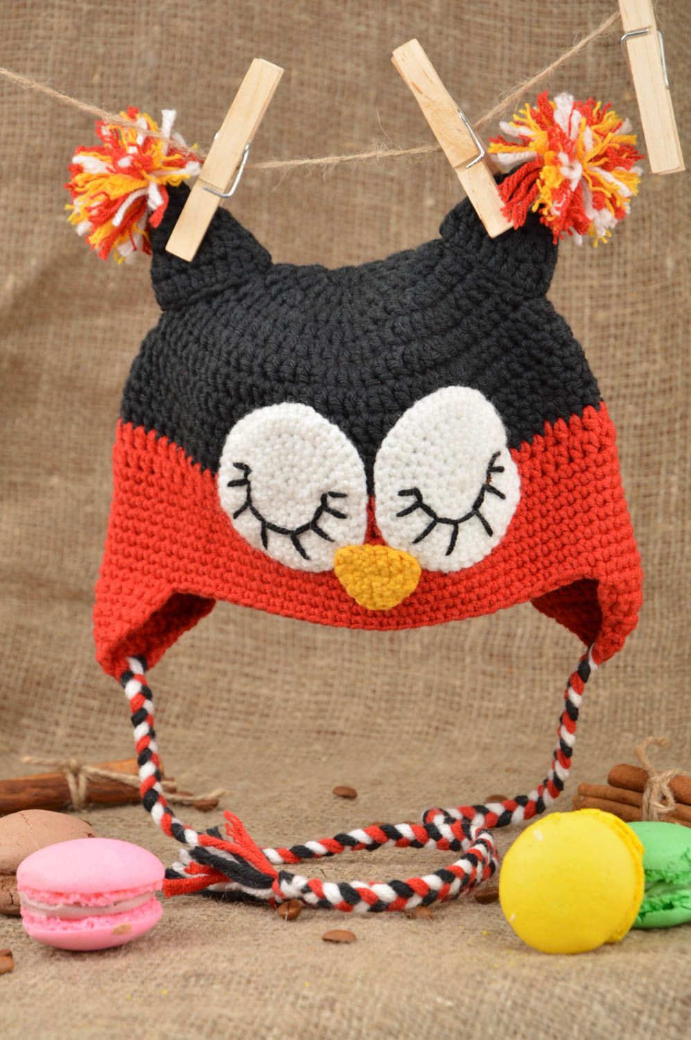 Handmade woven unusual beautiful cap in shape of owl on strings for kids photo 1
