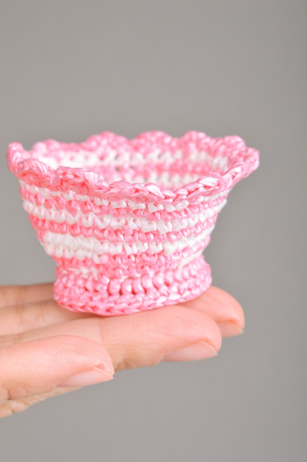 Handmade Easter egg stand crocheted of plastic threads in pink and white colors photo 3