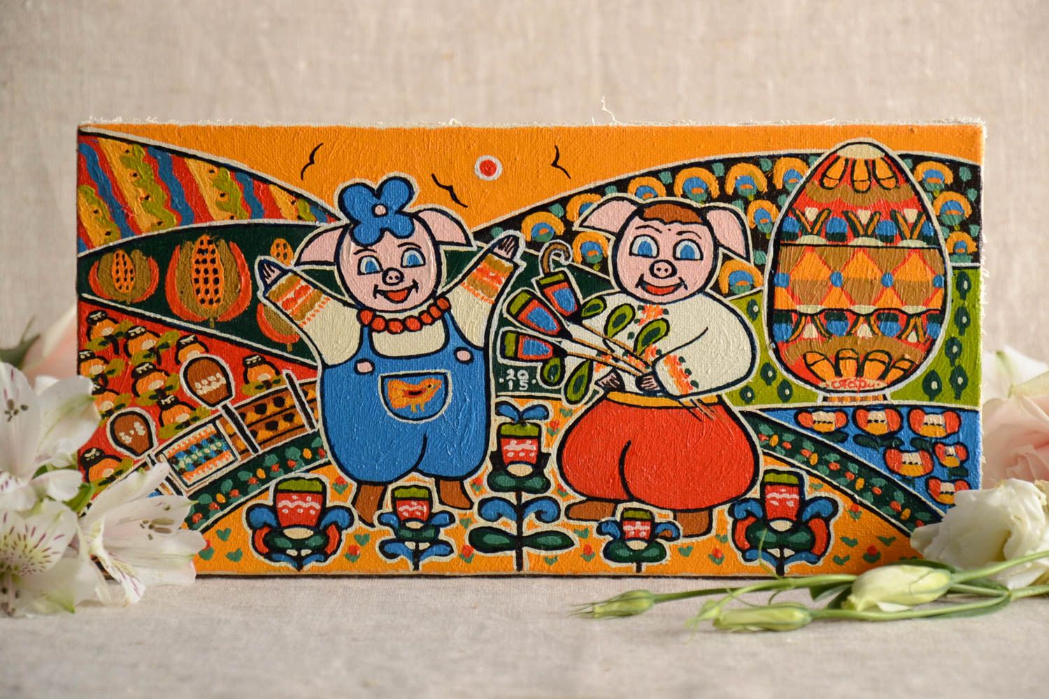 Картина масляными красками по льну в подрамнике для детской Счастливые поросята фото 1