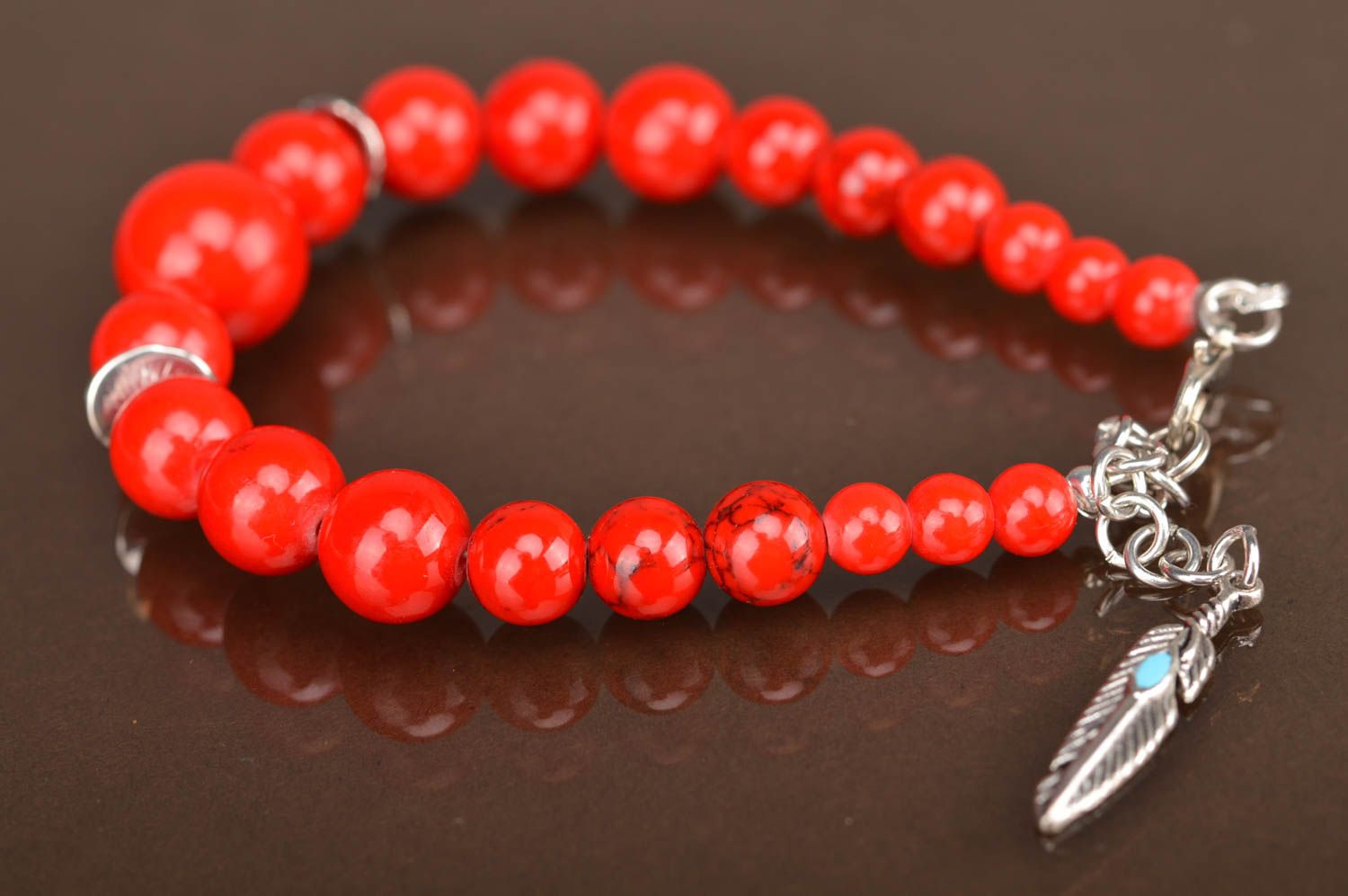 Handmade designer red bright ball charm bracelet with large beads and silver charms photo 5