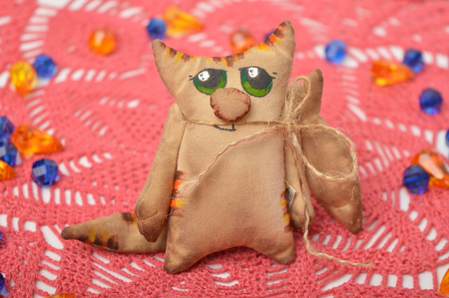 Peluche chat Jouet fait main toile de coton peint marron Décoration à suspendre photo 1