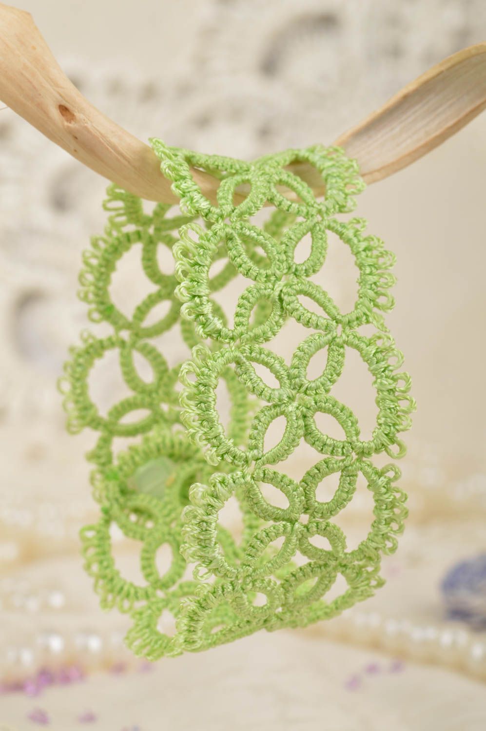 Handmade designer women's tatted wrist bracelet with Czech beads light green photo 3