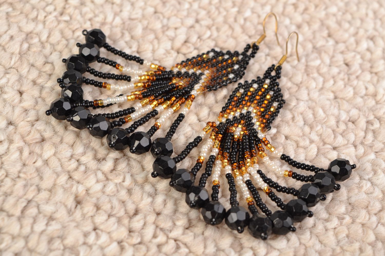 Handmade beaded evening earrings with fringe and crystal beads for long dress photo 1