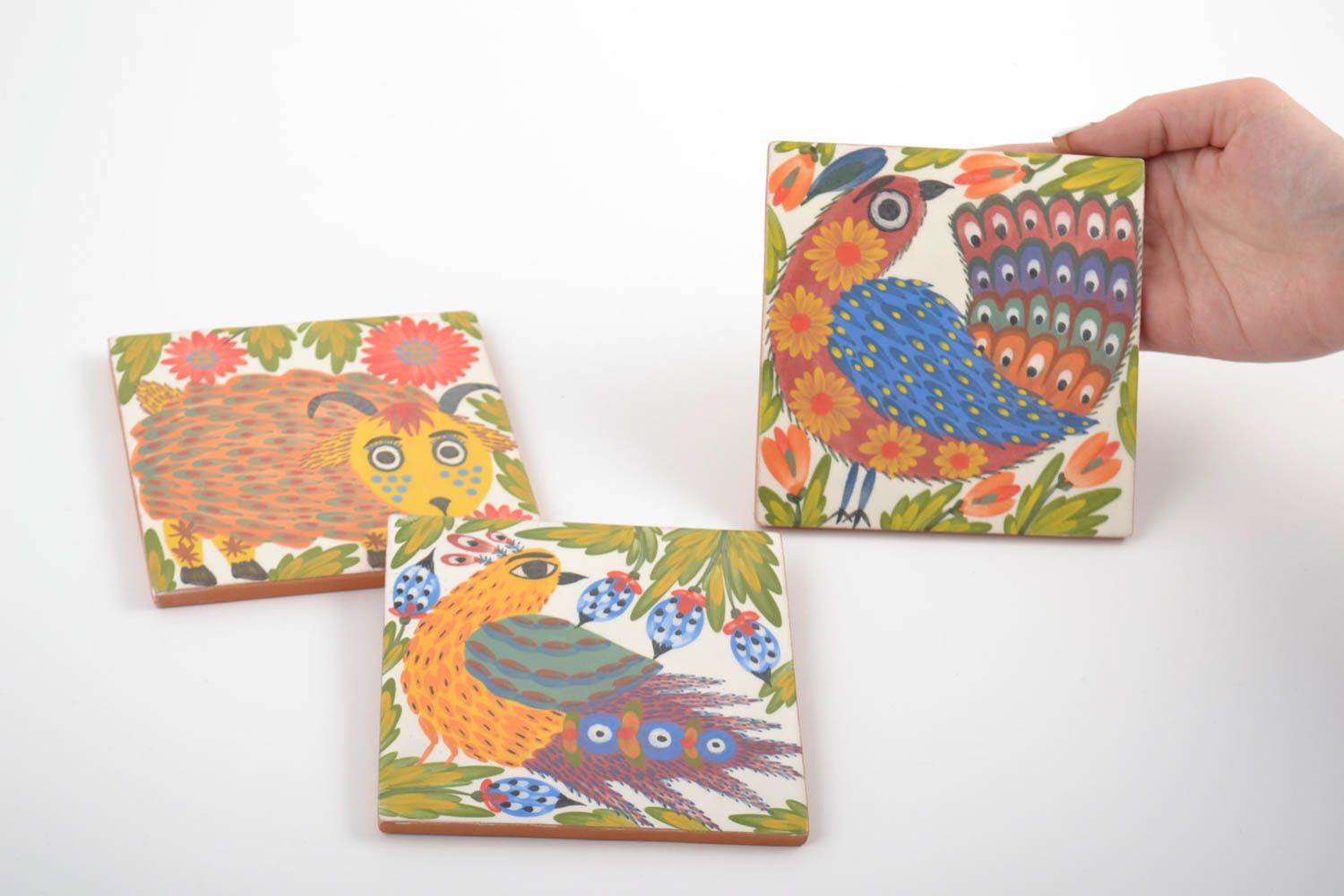 Set of 3 handmade ceramic tiles painted with engobes eco friendly wall panels photo 2