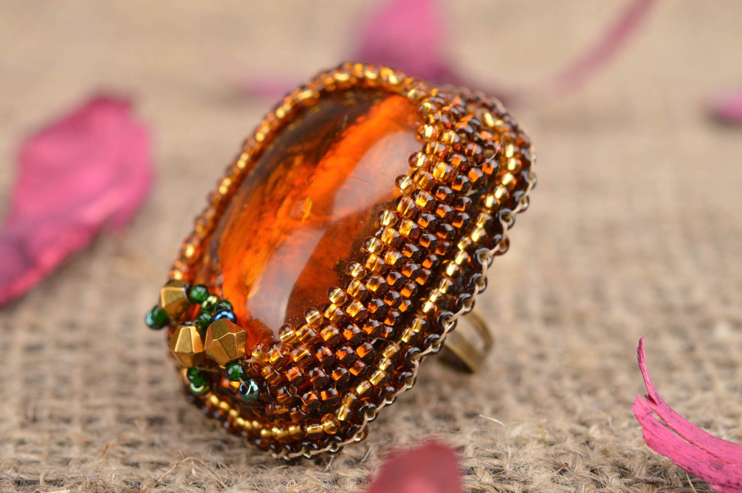 Handmade stylish unusual ring embroidered with beads with natural stone photo 1