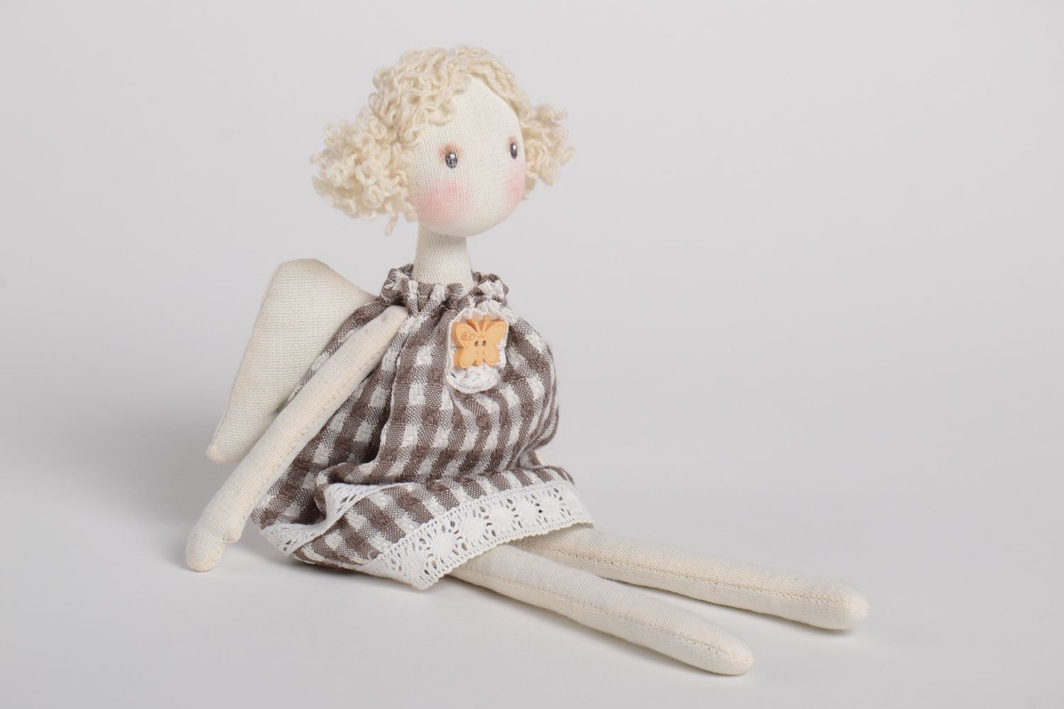 Handmade schöne Puppe Engel im karierten Kleid Designer Puppe Stoff Spielzeug  foto 5