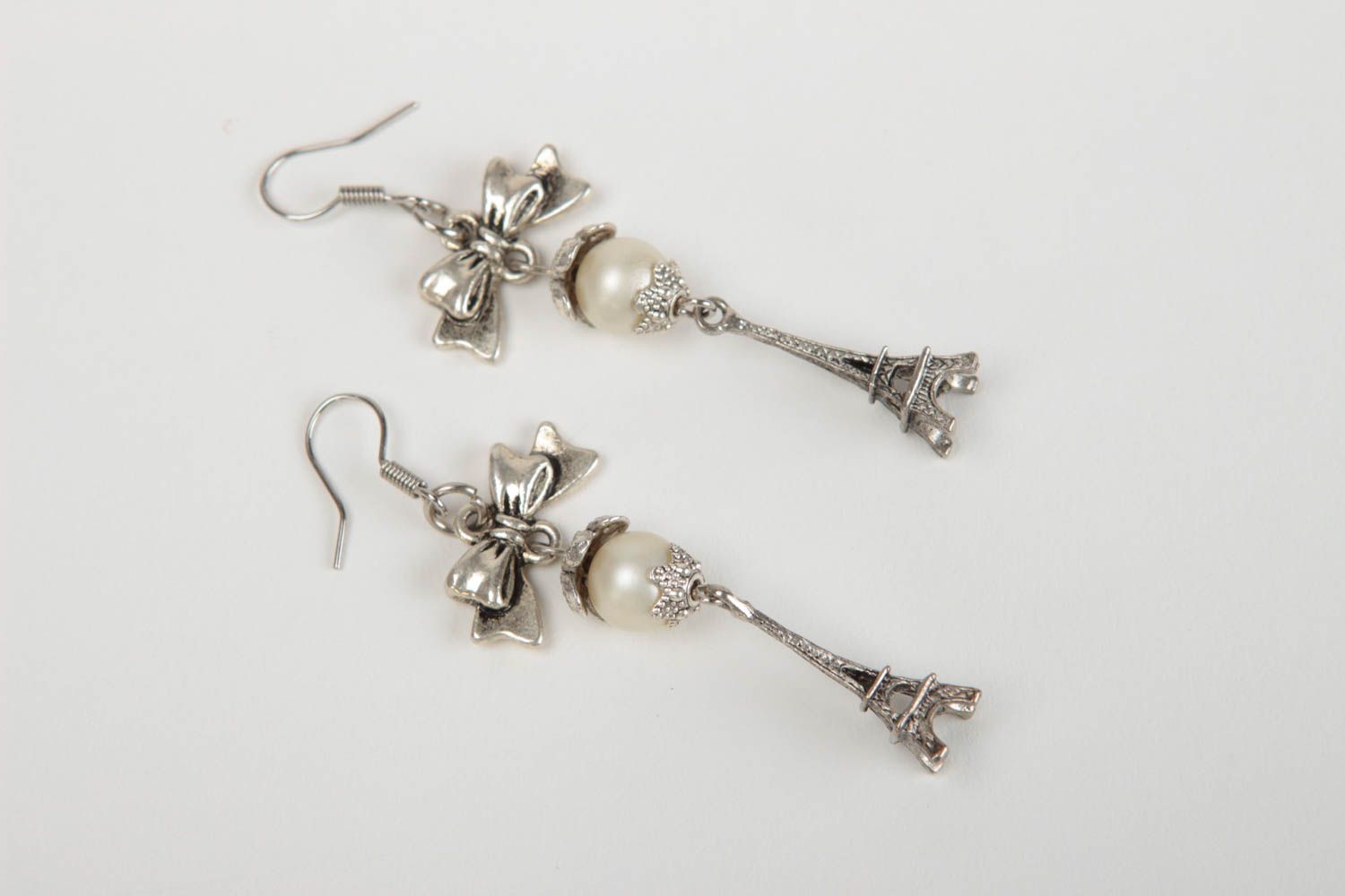Beautiful long metal earrings with pearl beads designer jewelry gifts for her photo 2