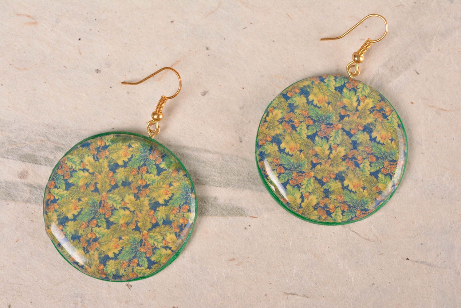 Handmade stylish earrings made of epoxy resin and polymer clay with decoupage photo 1