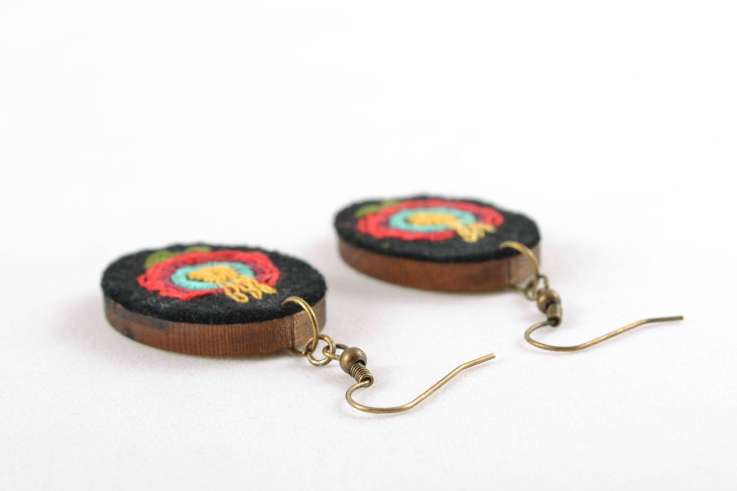 Wooden earrings with satin stitch embroidery Flowers photo 3