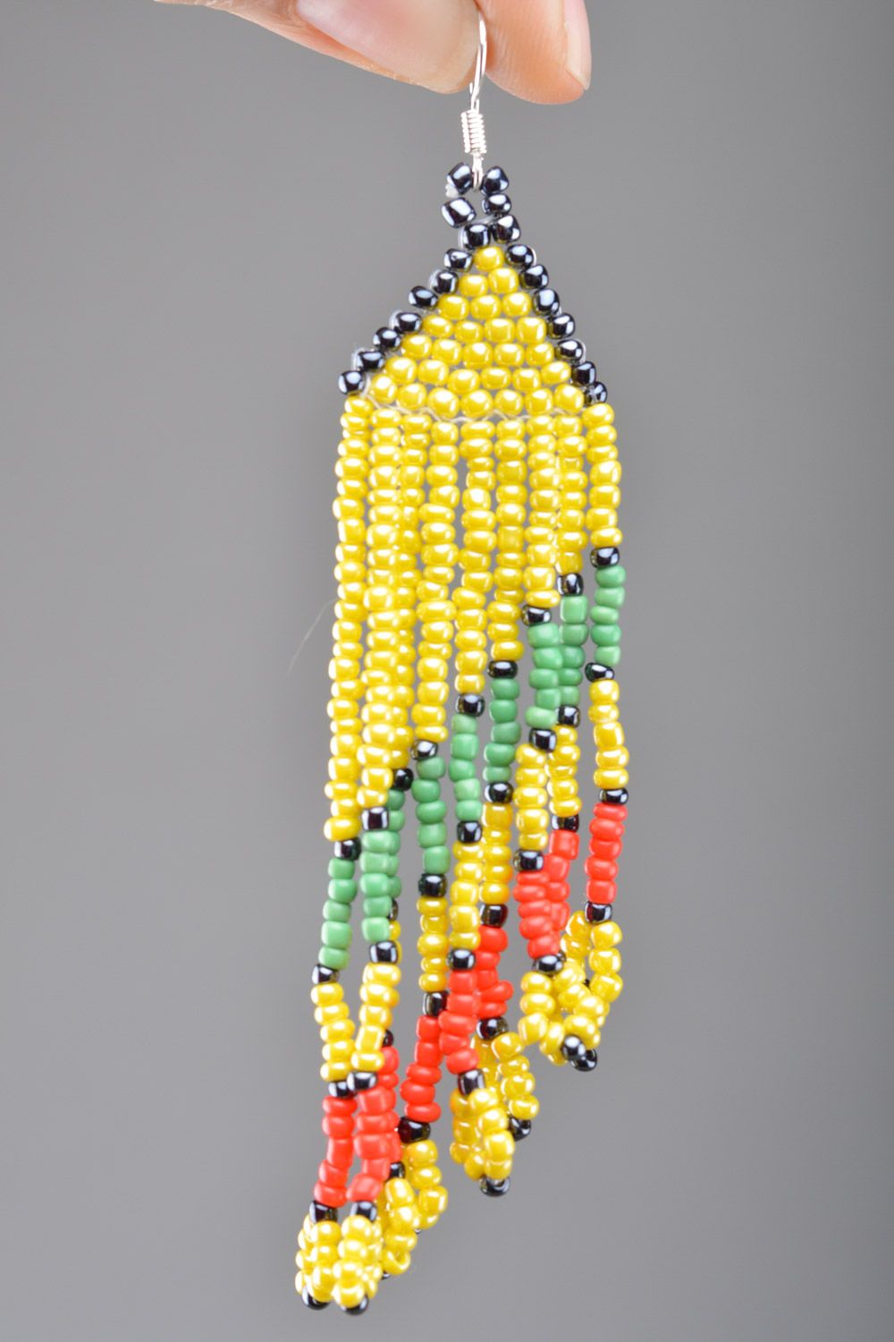 Handmade colorful yellow beaded dangle earrings with long fringe  photo 3
