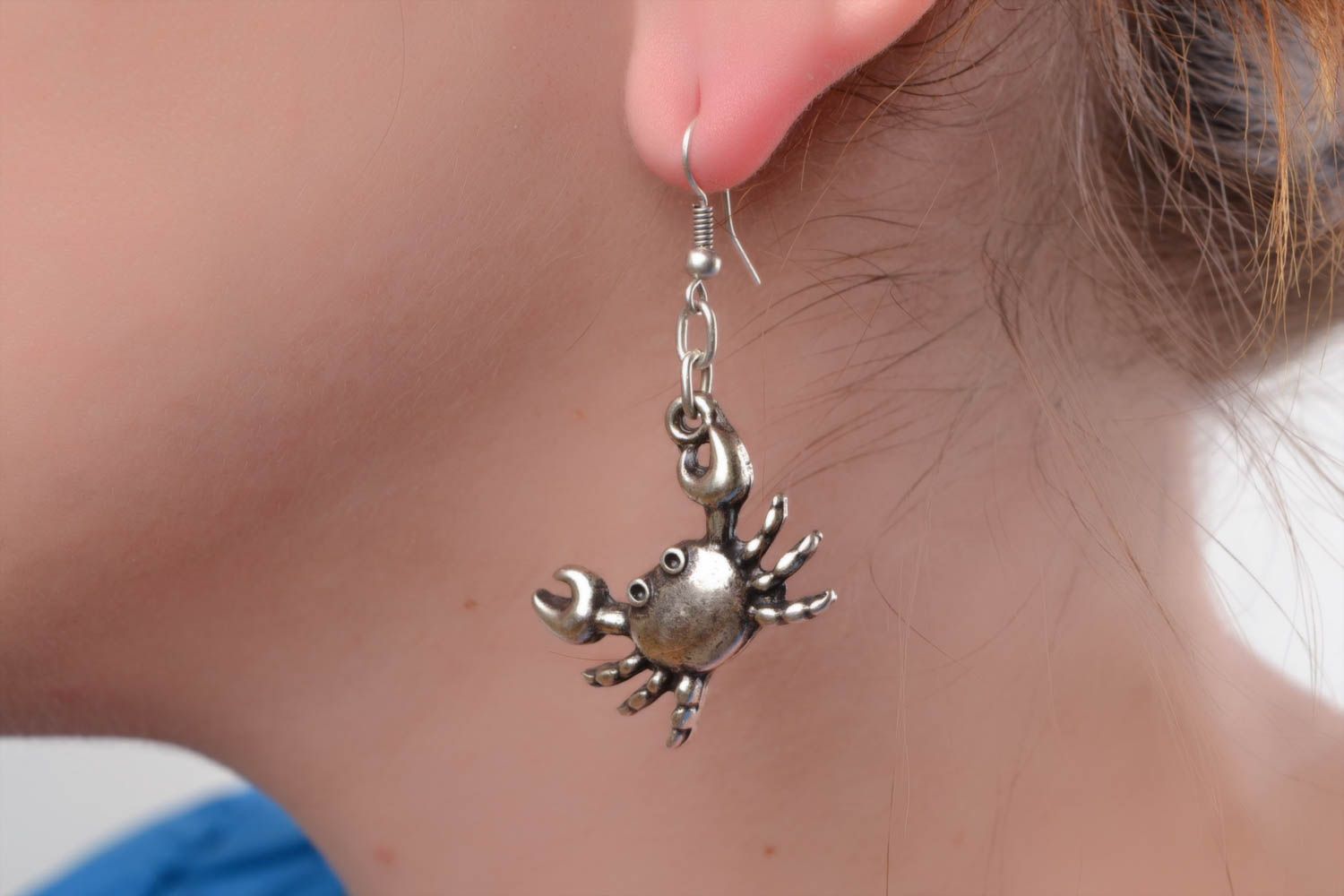 Small stylish handmade designer metal earrings in the shape of crabs photo 1