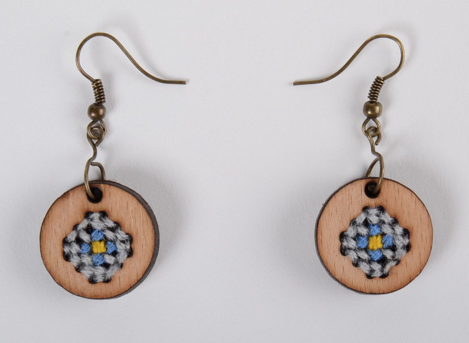 Handmade small plywood earrings with cross stitch embroidery in eco style photo 4