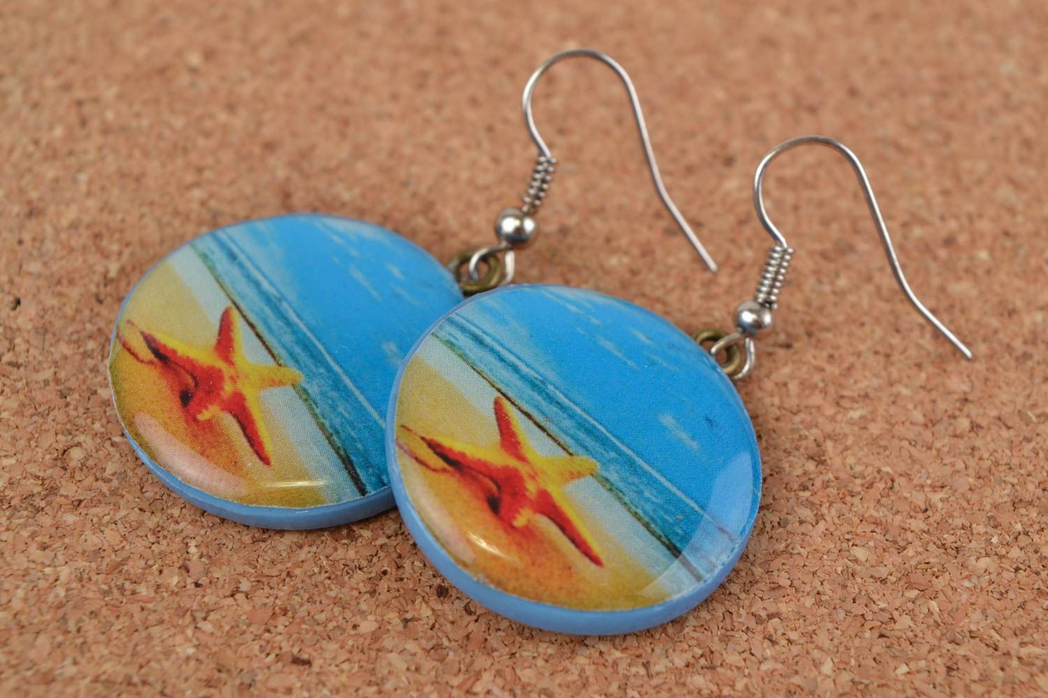 Handmade polymer clay dangling round earrings coated with epoxy resin Seaside photo 1