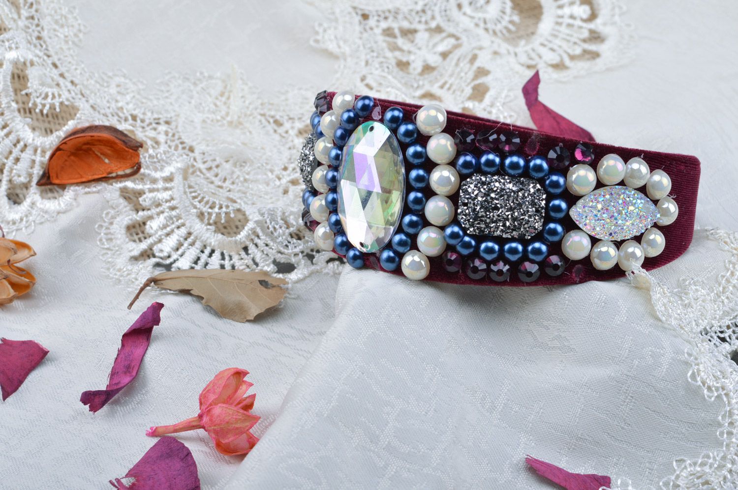 Handmade luxurious beaded headband embroidered with rhinestones and stones photo 3