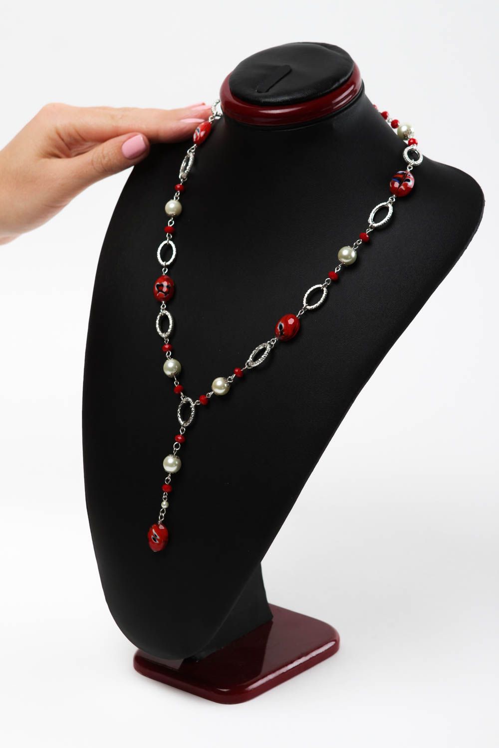 Handmade Schmuck lange Halskette Damen Accessoire Modeschmuck Collier weiß rot foto 5
